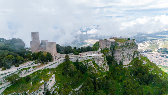 Aerial drone view of Castle of Balio in Erice, Trapani, Island of Sicily, Italy