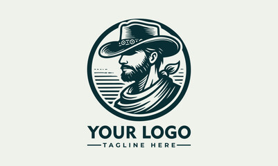 Western cowboy man wearing wide-brimmed hat and vest inside circular emblem with confident posture. People concept
