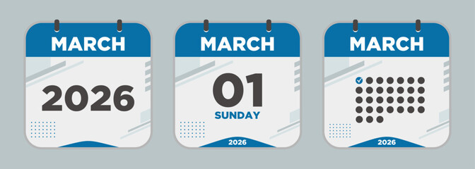 Modern Calendar icon. March. 2026 1 day. The concept of waiting for an important date. Day calendar with date March 1. Cheklist day calendar. Vector illustration.