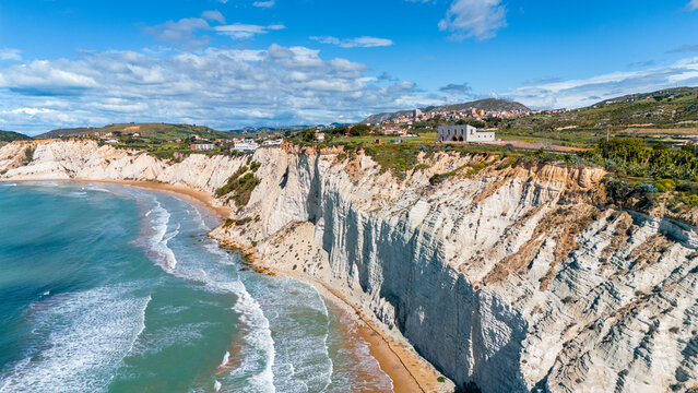 Aerial drone view of Scala dei Turchi (Stair of the Turks) seaside cliffs, Island of Sicily, Italy