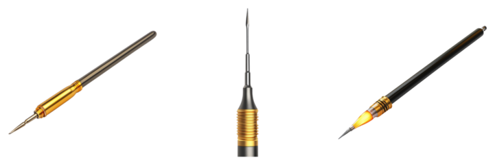 Three different types of writing implements are shown, including a pencil, a pen