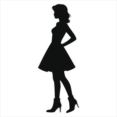 (Ankle boots Chelsea boots )Elegant Woman in Profile Vector Silhouette, Fashionable Outfit/A stylish silhouette of a woman in profile view, showcasing a midi-length dress and ankle boots.