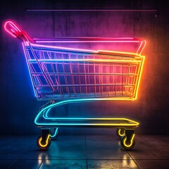 Neon shopping cart against a dark wall.