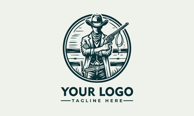 Western cowboy man wearing wide-brimmed hat and vest inside circular emblem with confident posture. People concept
