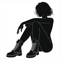 (Combat boots lace-up boots)Vector Silhouette of a Woman Seated in Trendy Boots/A minimalist black and white silhouette of a woman seated, wearing fashionable platform boots.