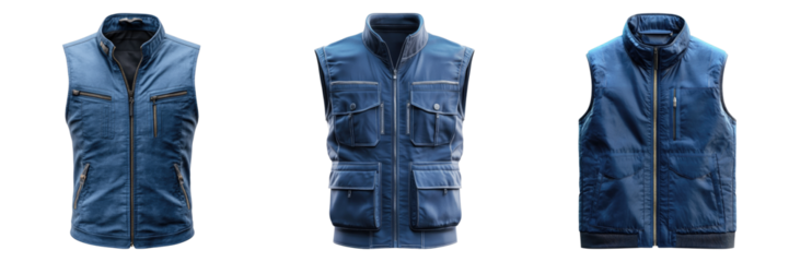 Three blue jackets are displayed on a white background