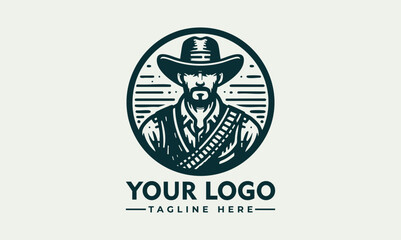 Western cowboy man wearing wide-brimmed hat and vest inside circular emblem with confident posture. People concept
