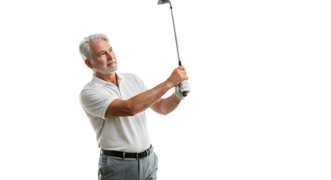 Older man in white shirt swinging golf club with black background in studio shot isolated on white background, tarensparent background, png, jpg,jpeg,  on transparent background