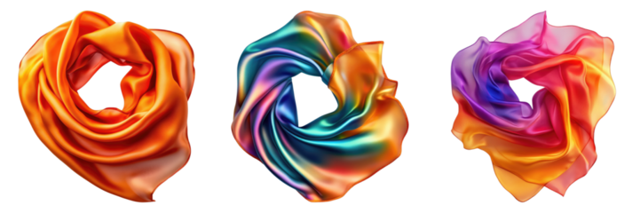 Three colorful scarves are shown in a row