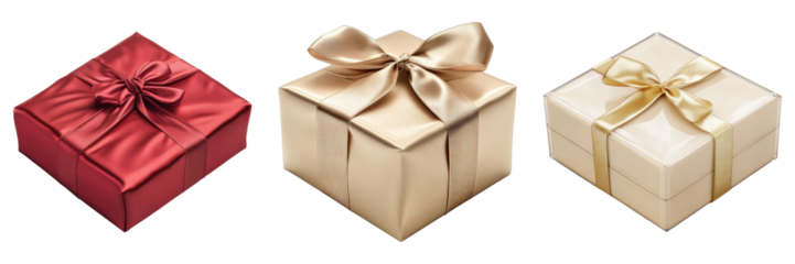 Three boxes of different colors and sizes with gold ribbons tied around them