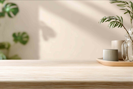 front view of a clean light wood tabletop minimal boho background for product mockups soft natural daylight warm neutral tones beige offwhite soft ambient sh