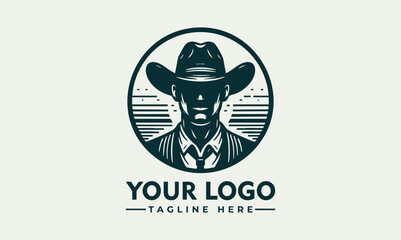 Western cowboy man wearing wide-brimmed hat and vest inside circular emblem with confident posture. People concept
