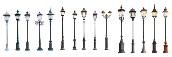 A row of street lights are shown in various colors and sizes