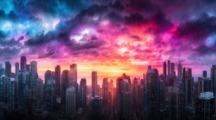Futuristic city skyline at vibrant sunset