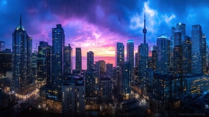 Fototapeta premium Vibrant city skyline at sunrise