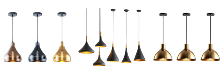 A row of light fixtures with a variety of shapes and sizes