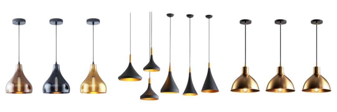 A row of light fixtures with a variety of shapes and sizes