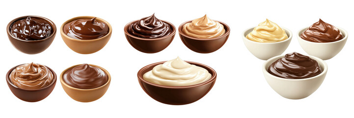 A row of bowls with different colored chocolate and white sauces