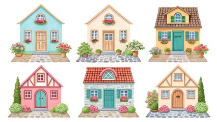 Fototapeta premium Six Charming Watercolor Cottage Houses with Flower Gardens