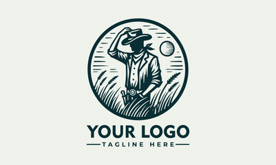 Stylized cowboy figure wearing hat and vest inside circular badge with confident western character pose. People concept

