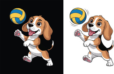 Playful Beagle Dog in Blue and Yellow Volleyball