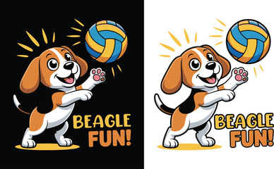 Playful Beagle Dog in Blue and Yellow Volleyball