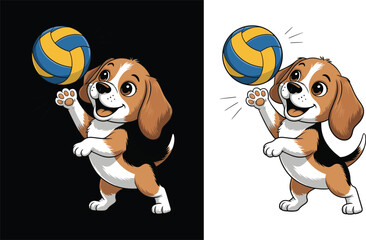 Playful Beagle Dog in Blue and Yellow Volleyball