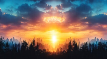 Fototapeta premium Sunrise over a city, framed by forest. Vibrant sunrise, city skyline, and forest silhouette