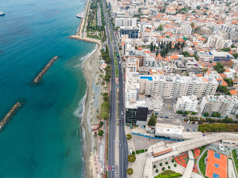 Aerial view of beautiful coastal buildings and the Mediterranean Sea, Limassol, Limassol, Cyprus.