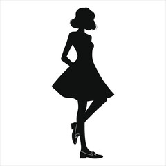 (Loafers ballet flats)Vector Silhouette of a Woman in a Dress and Loafers/A bold, minimalist silhouette of a woman wearing a fitted, A-line dress and loafers.