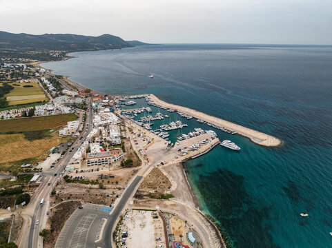 Aerial view of beautiful marina with yachts and coastal landscape, Lachi, Polis, Paphos, Cyprus.