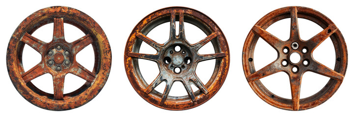 Obraz premium Three rusted old tires are shown in a row
