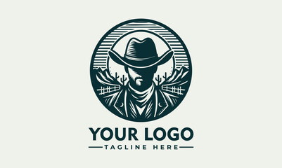 Stylized cowboy figure wearing hat and vest inside circular badge with confident western character pose. People concept
