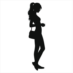 Vector Silhouette of a Woman ( Mules slip-ons) with a Bag Against a white Background/A sleek silhouette of a young woman walking, featuring a ponytail and a shoulder bag on a white Bg..
