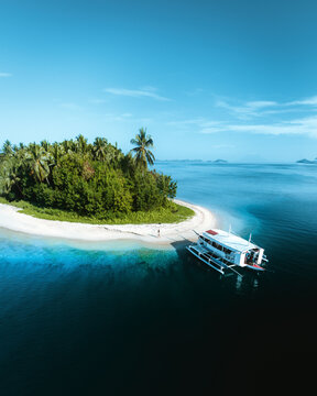 Aerial view of tropical beach with palm trees and a boat in the ocean, Port Barton, Palawan, Philippines.