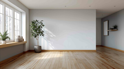minimalist home office wide angle view large white wall in background with empty center space light wood floor small plant in corner soft natural light clean