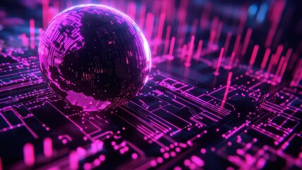 Abstract sphere on circuit board with pink light trails, futuristic technology concept.Purple, violet, blue neon background with digital integrated network technology.  - Powered by Adobe