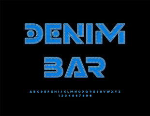Vector Unique sign Denim Bar. Blue Jeans style Font. Futuristic Digital Alphabet Letters and Numbers set