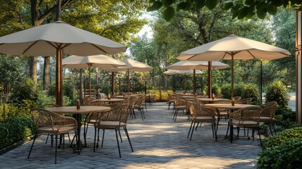 Outdoor cafe or restaurant with wrought iron and rattan furniture, round and square tables under umbrellas