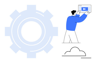 Man holding tablet with video player, large gear symbol, minimalist cloud. Ideal for technology, innovation, workflow, software, productivity, cloud solutions simple landing page