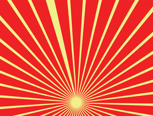 Yellow and red banner with Sun rays, yellow comic background. Sunburst background