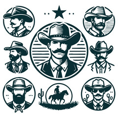 Stylized cowboy figure wearing hat and vest inside circular badge with confident western character pose. People concept
