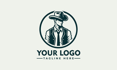 Stylized cowboy figure wearing hat and vest inside circular badge with confident western character pose. People concept
