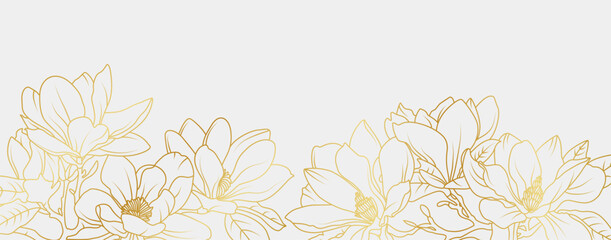 Luxury gold magnolia flowers background. Floral pattern tropical in line art style for greeting, invitation, wedding card, wall art, wallpaper and print. Vector illustration