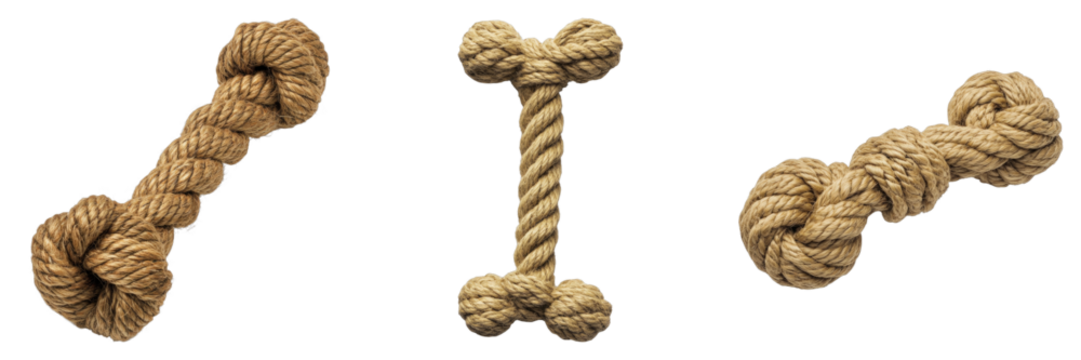 Three different types of dog toys made of rope