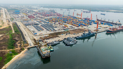 Okrika, Nigeria - 09 November 2022: Aerial view of Onne Ports with industrial cranes and cargo containers, Okrika, Rivers State, Nigeria.