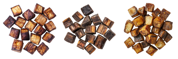 Three piles of brown food with a white background