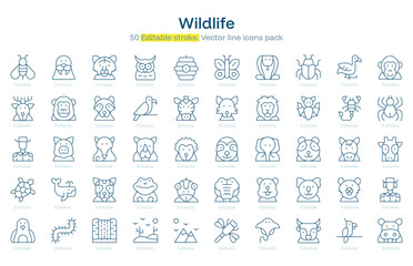 Wildlife line icon pack. Wildlife Stroke icon set. Editable Stroke icon