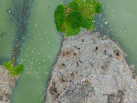 Aerial view of a polluted waste site with garbage and debris, Aluu, Rivers State, Nigeria.