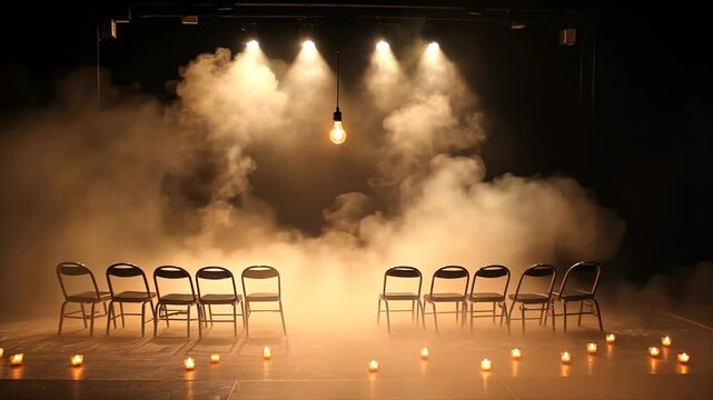 Atmospheric stage set with empty chairs, smoky haze, a hanging bulb, and softly glowing candles arranged on the floor